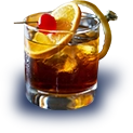A refreshing drink with ice, garnished with an orange slice and cherry on the glass rim.