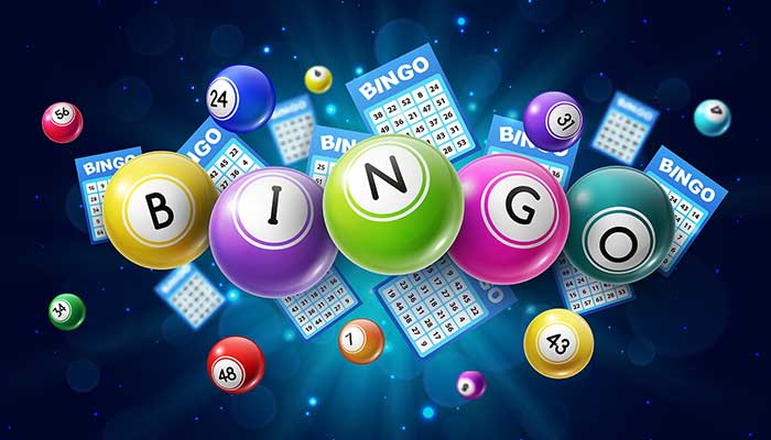 Colorful bingo balls and cards float as if in a lively bar, glowing with vibrant light effects.