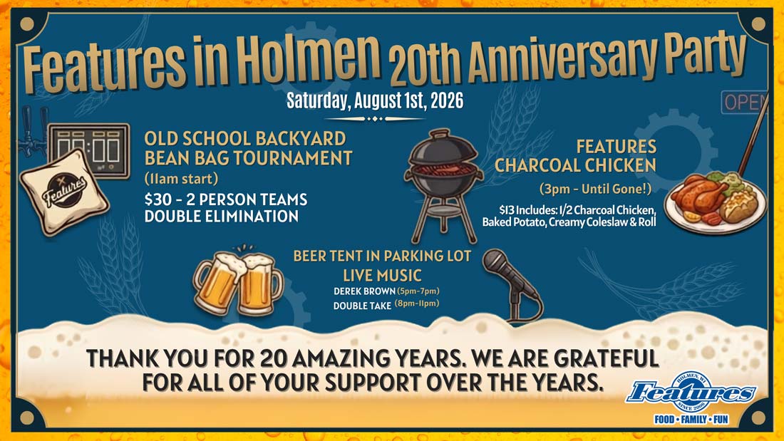 Flyer for Events in Holmen WI: 20th Anniversary Party details, food, and gratitude message.
