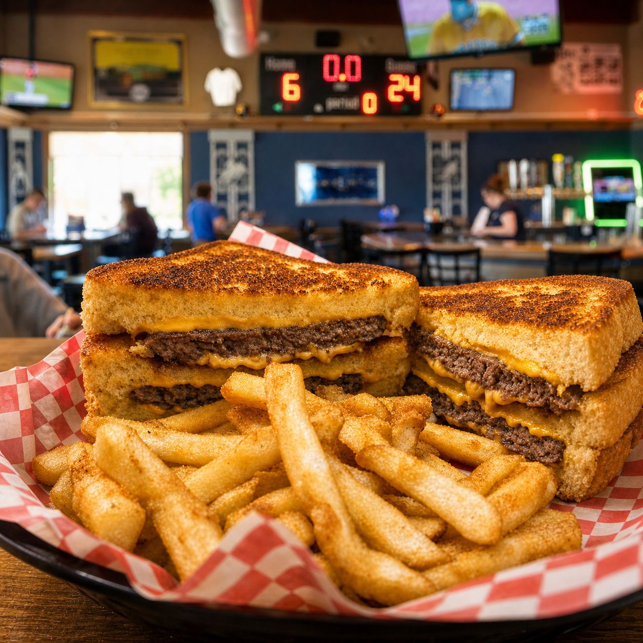Grilled cheese patty melt sandwich with fries, a favorite at Sports Bar Holmen WI.